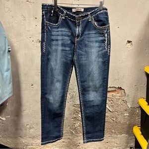 Paris Ansel Dark Wash Grunge Rhinestone Embroidered Pocket Skinny Jeans Y2K 90s